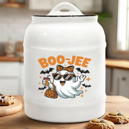 Boo-Jee Ghost Cute Leopard Print Halloween Boojee Ceramic Cookie Jars
