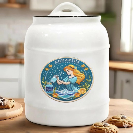 Aquarius Stylish Watercolor Zodiac Illustration Ceramic Cookie Jars