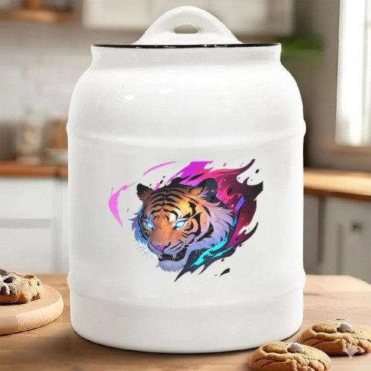 A fierce tiger head with glowing blue eyes Ceramic Cookie Jars