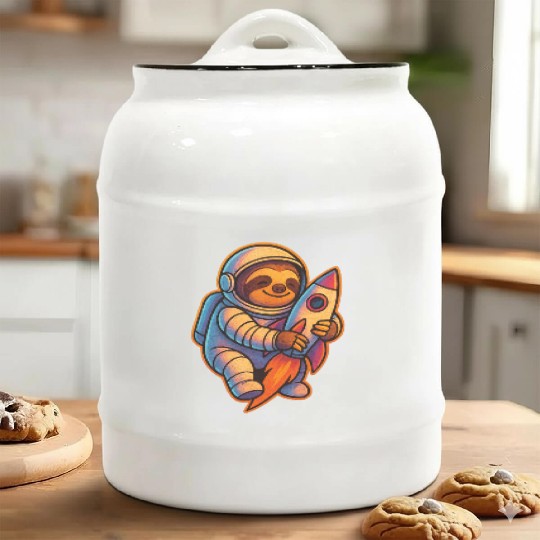 Joyful Sloth Astronaut Rocket Scene Ceramic Cookie Jars