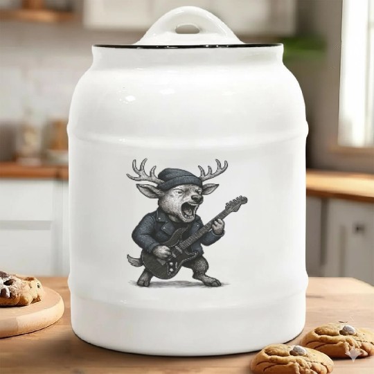 Moose Rocker with Guitar and Beanie Ceramic Cookie Jars