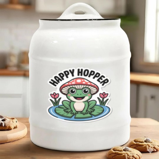 Cute "Happy Hopper" Frog Sticker Design Ceramic Cookie Jars