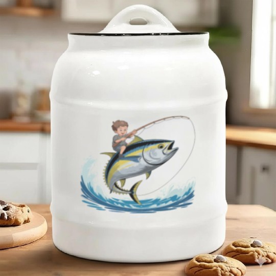 Joyful young boy rides massive jumping tuna Ceramic Cookie Jars