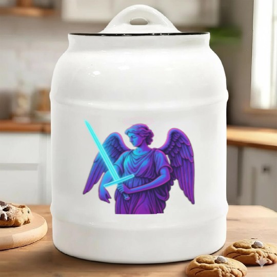 Neon Angel Warrior Illustration Ceramic Cookie Jars