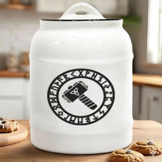 Thors Hammer, Runes, Triquetra, Mjolnir, Pagan Ceramic Cookie Jars