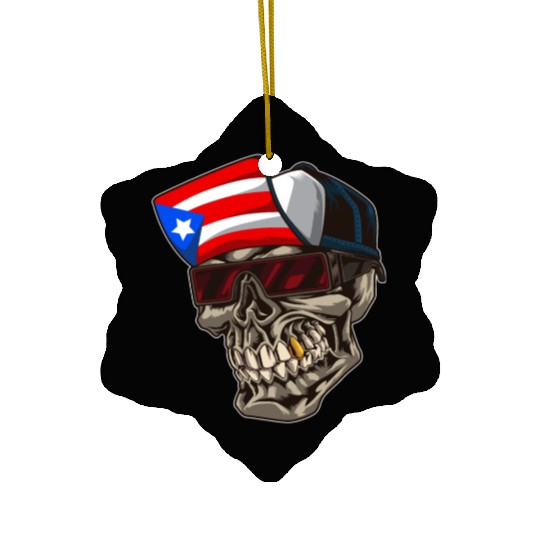 Cool Puerto Rico Skull With Cap and Boricua Flag Ceramic Ornaments