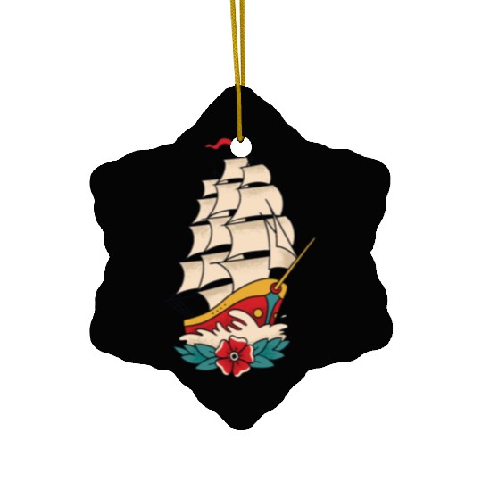 Traditional Tattoo Sailing Ship Colorful Ceramic Ornaments
