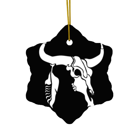 Tribal White Longhorn Bull Skull w White Feather Ceramic Ornaments