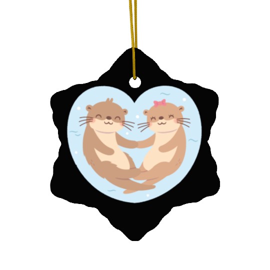 Otter Couple In Love Blue Heart Ceramic Ornaments