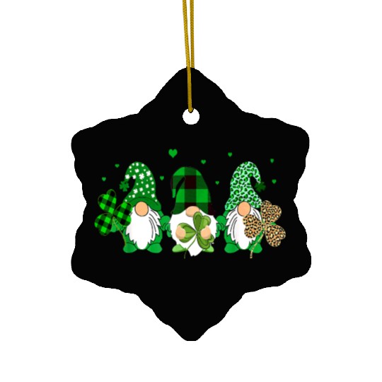 Three Gnomes Holding Shamrock Leopard Plaid Ceramic Ornaments