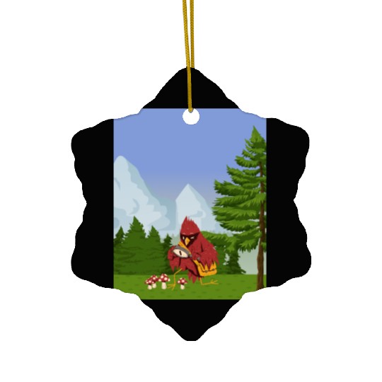 Cardinal Bird Foraging Collecting Mushrooms Ceramic Ornaments