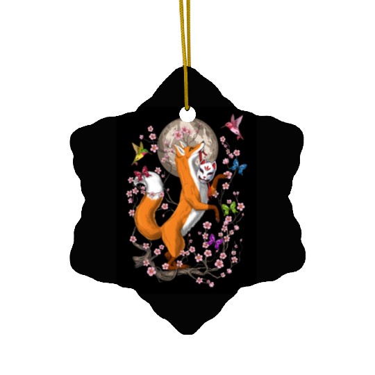 Fox Japanese Cherry Blossom Ceramic Ornaments