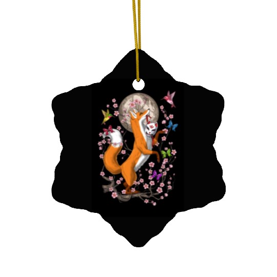 Fox Japanese Cherry Blossom Ceramic Ornaments