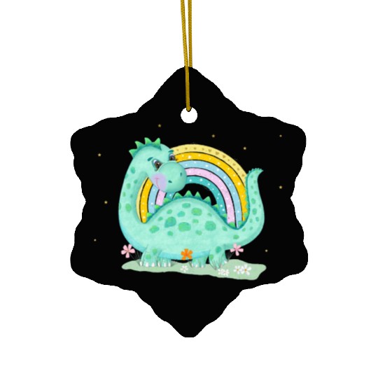Dinosaur with Rainbow and Flowers Ceramic Ornaments