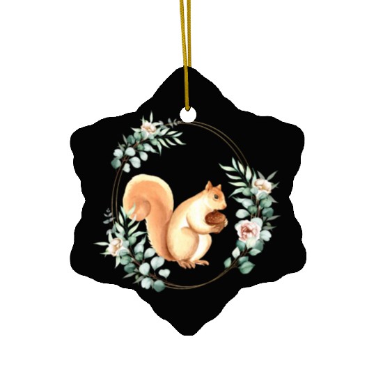Squirrel Holding An Acorn in a Floral Gold Wreath Ceramic Ornaments