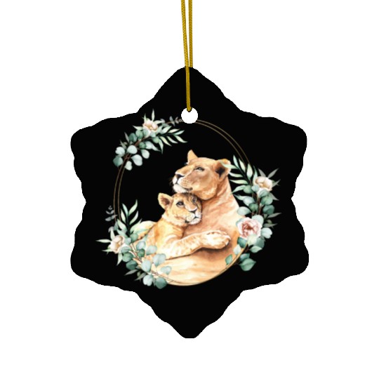 Mommy and Baby Lion in a Floral Gold Wreath Frame Ceramic Ornaments