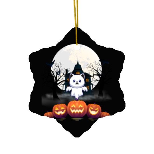 Ghost House & Pumpkin Funny Cats Ghost Halloween Ceramic Ornaments
