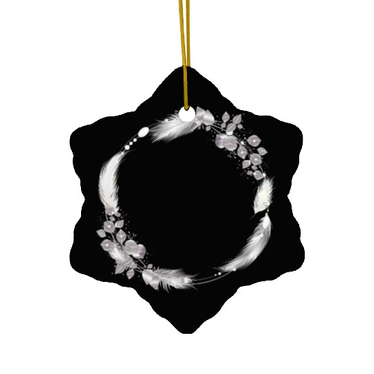 delicate frame of silver colored feathers & leaves Ceramic Ornaments