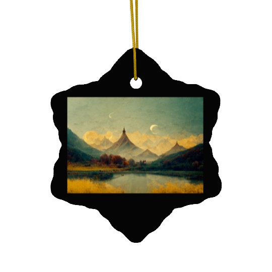 Mountain Lake Golden Landscape Painting Ceramic Ornaments
