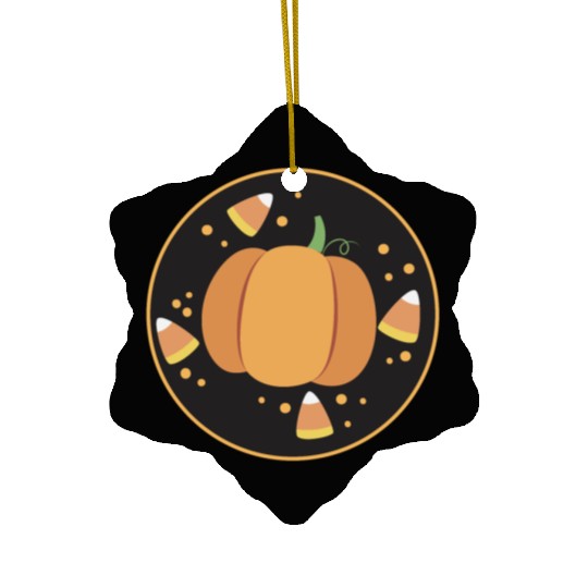 Pumkpin on a circle with candy corn Ceramic Ornaments