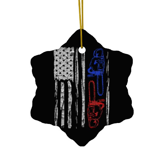 Vintage US FLAG CHAINSAW Lumberjack Logger Lumber Ceramic Ornaments
