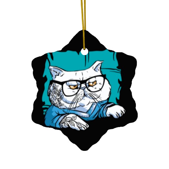Stylish Nerd Persian Cat Beanie Glasses Tattoo Ceramic Ornaments