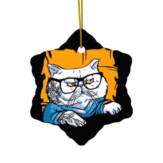 Stylish Nerd Persian Cat Beanie Glasses Tattoo Ceramic Ornaments