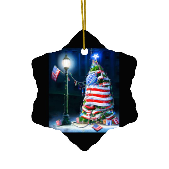 Patriotic Christmas US Flag With Christmas Ceramic Ornaments