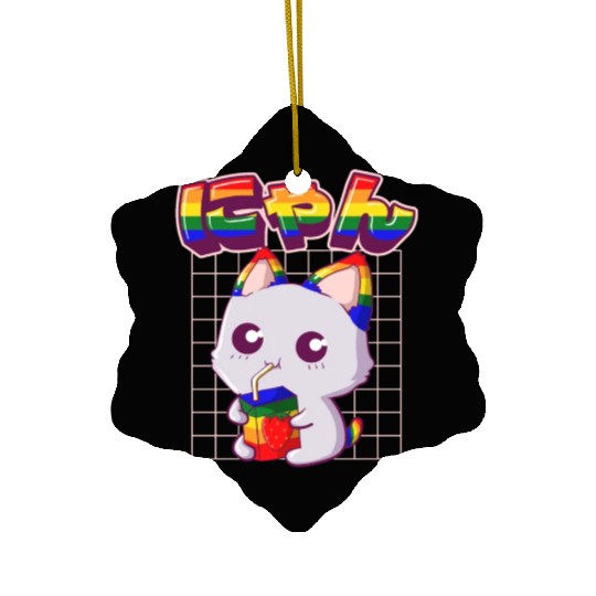 Gay Pride Kawaii Cat Strawberry Milk Rainbow Flag Ceramic Ornaments