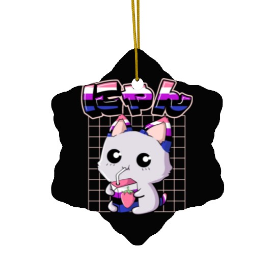 Genderfluid Pride Kawaii Cat Strawberry Milk Ceramic Ornaments