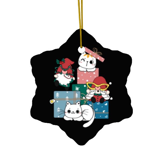 cute gnome and kitty cats on present gift box Ceramic Ornaments