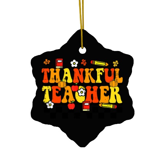 Thankful Teacher Retro Groovy Thanksgiving Fall Ceramic Ornaments