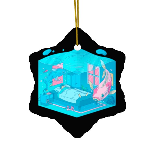 dreams about aquarium fish of a boy sleeping bed Ceramic Ornaments