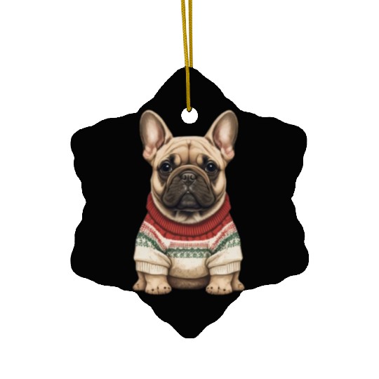 Festive French Bulldog in a Christmas Sweater Ceramic Ornaments