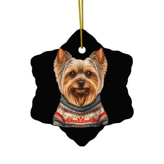 Festive Yorkshire Terrier in a Christmas Sweater Ceramic Ornaments