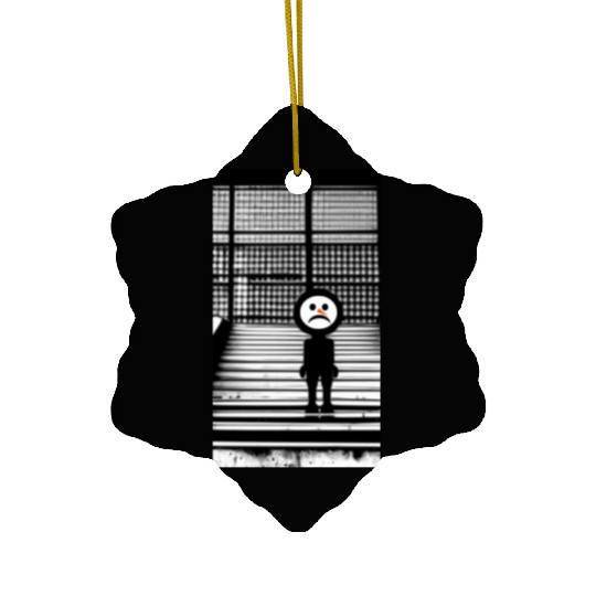 Sad Snowman in Ceramic Ornaments Standing on the Steps Street