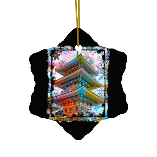 Japan Pagoda Cherry Blossoms Collage Art 70 Ceramic Ornaments