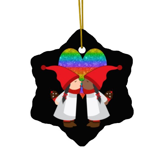 Biracial Lesbian Gnome Valentine Couple Mixed LGBT Ceramic Ornaments