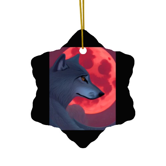 A Grey Wolf Staring at a Blood Moon Ceramic Ornaments