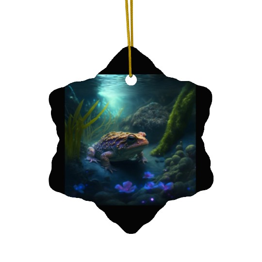 A toad in a creek the toad has blue glowing eyes Ceramic Ornaments