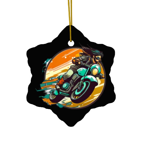 Man Riding Green Motorcycle Ceramic Ornaments