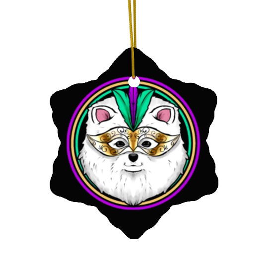 Pomeranian Or Samoyed Dog With Mask For Mardi Gras Ceramic Ornaments