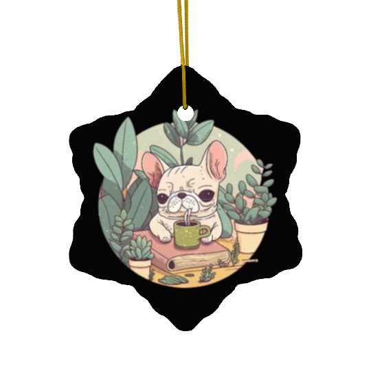 Cute Frenchie, Coffee & Books: A Perfect Pairing Ceramic Ornaments