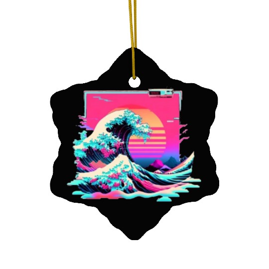Vaperwave Aesthetic Glitch Great Wave Retrowave Sy Ceramic Ornaments