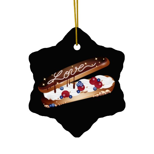 Illustration of an eclair with cream and love Ceramic Ornaments
