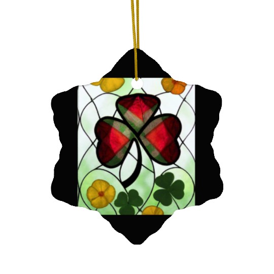 Red plaid Shamrock with Yellow Poppies (AI Art) Ceramic Ornaments