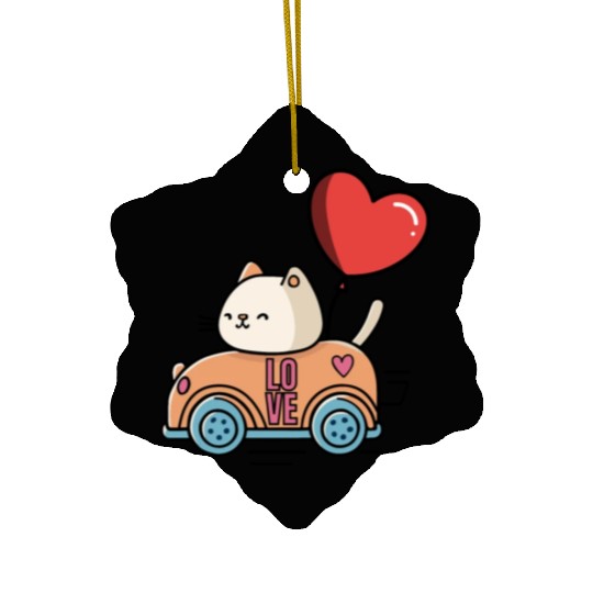 Cute cat in the love car, and love balloon Ceramic Ornaments