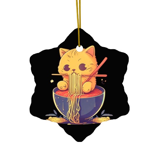 Cute Cat Eating Ramen Noodle Japanese Culture Ceramic Ornaments