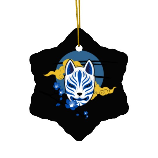 Black and Blue Japanese Kitsune Mask Ceramic Ornaments
