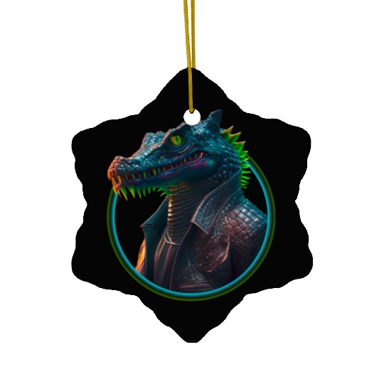 Neon punk crocodile in leather jacket Ceramic Ornaments